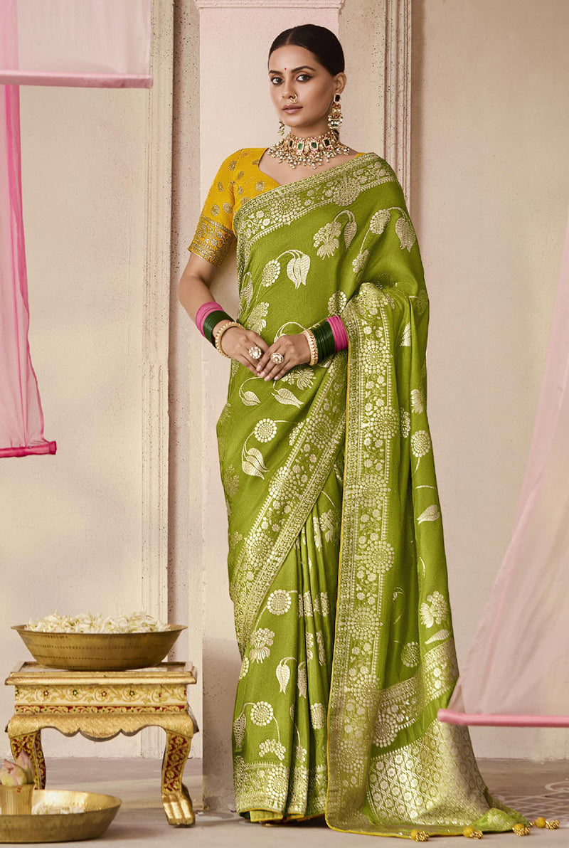 Green viscose saree with floral print and weaving details