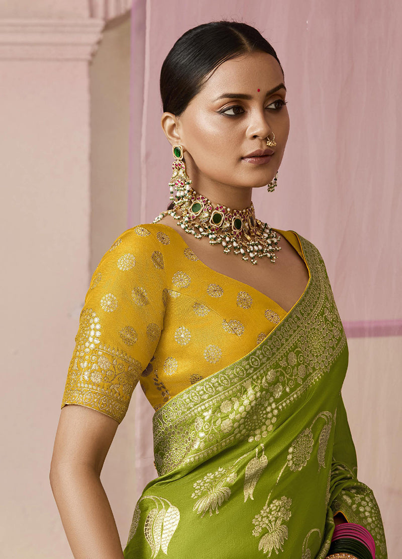 Green Viscose Floral Printed Contemporary Saree with Weaving