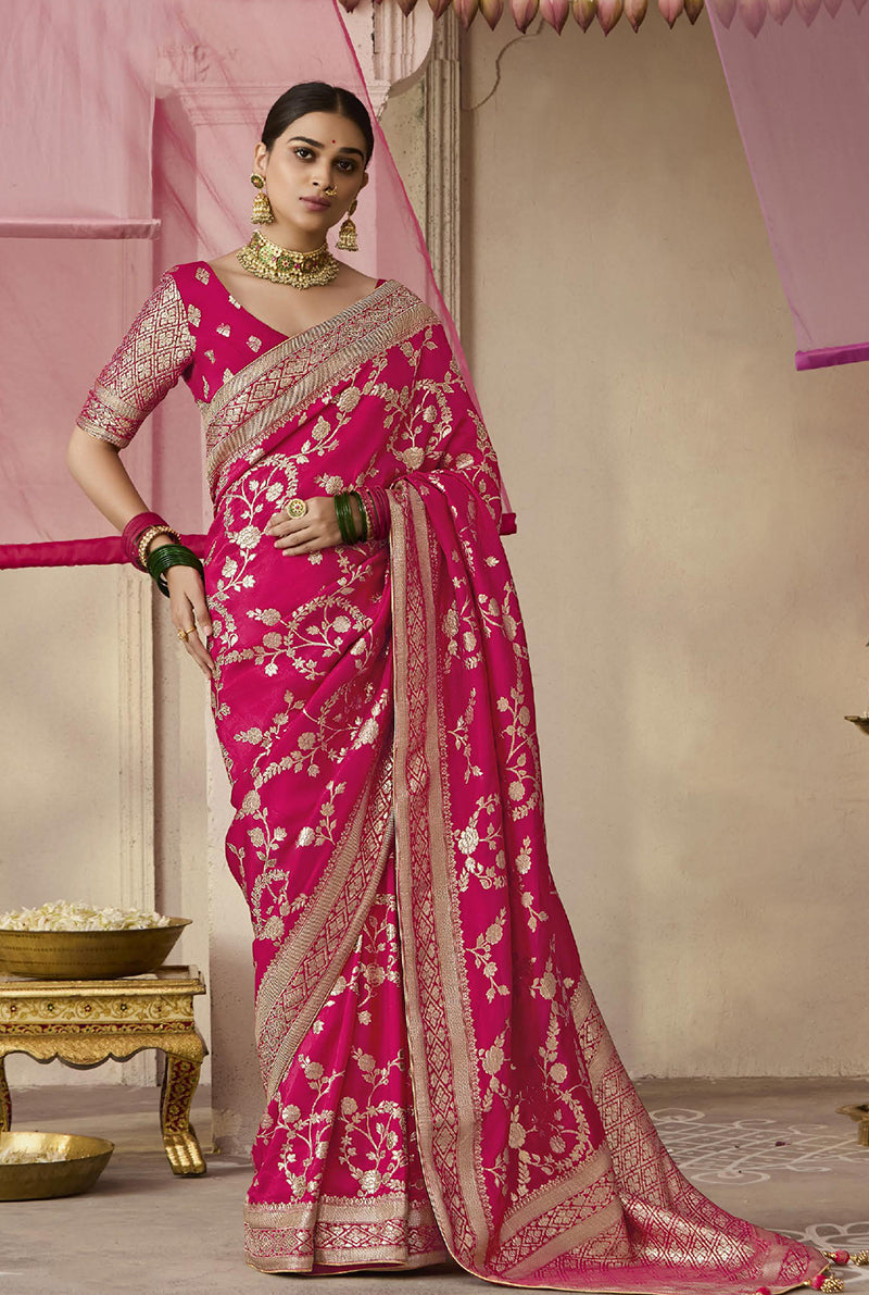 Rani Pink viscose saree with floral printed pattern and weaving