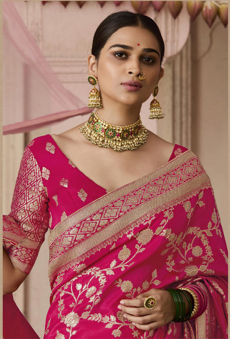 Rani Pink Viscose Saree with Floral Print and Weaving