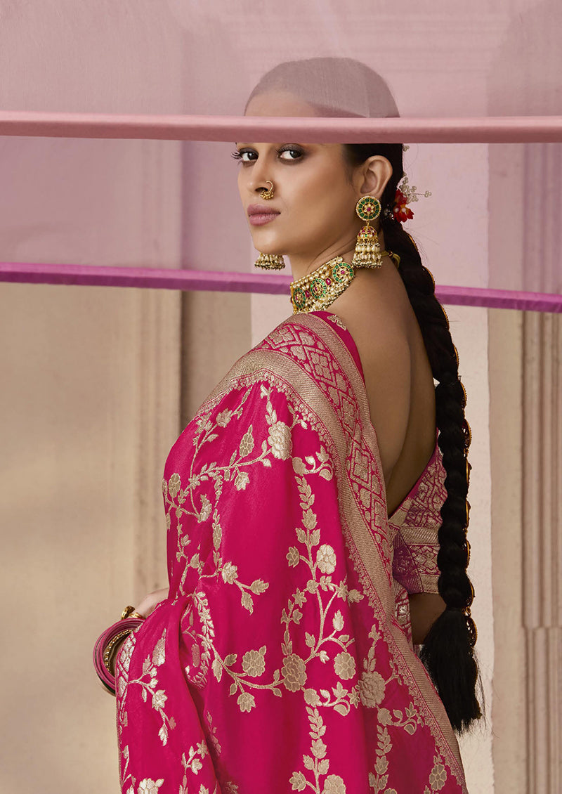 Rani Pink Viscose Saree with Floral Print and Weaving