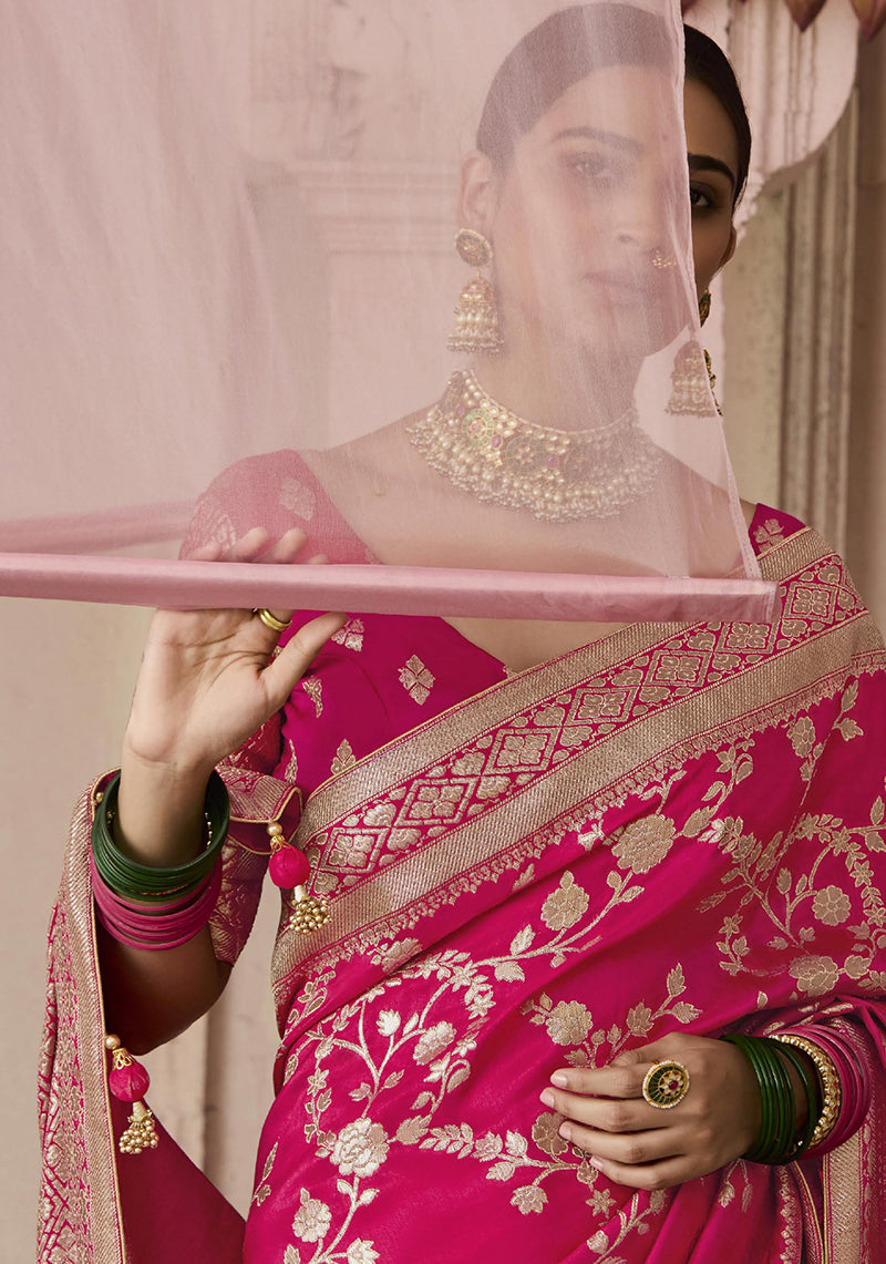 Rani Pink Viscose Saree with Floral Print and Weaving
