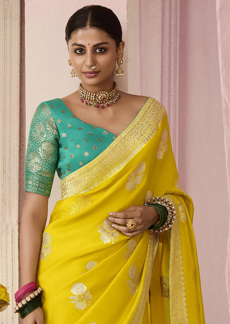 Yellow Floral Printed Viscose Saree with Weaving Details