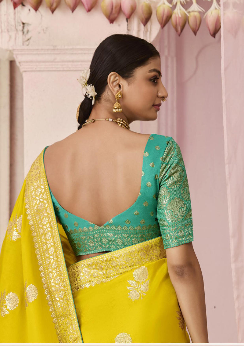 Yellow Floral Printed Viscose Saree with Weaving Details