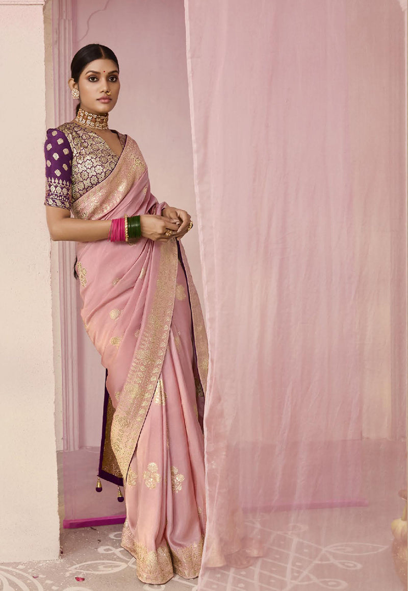 Light Pink Viscose Saree with Floral Printed Weaving