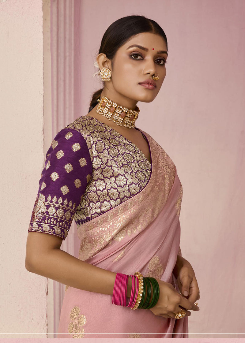 Light Pink Viscose Saree with Floral Printed Weaving