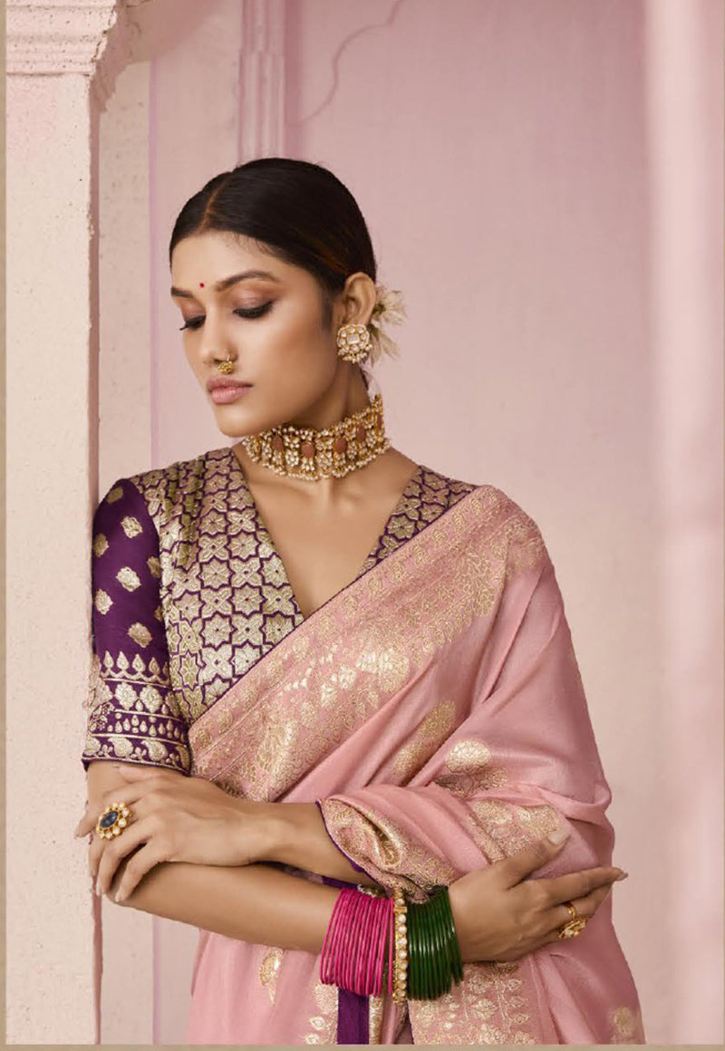 Light Pink Viscose Saree with Floral Printed Weaving