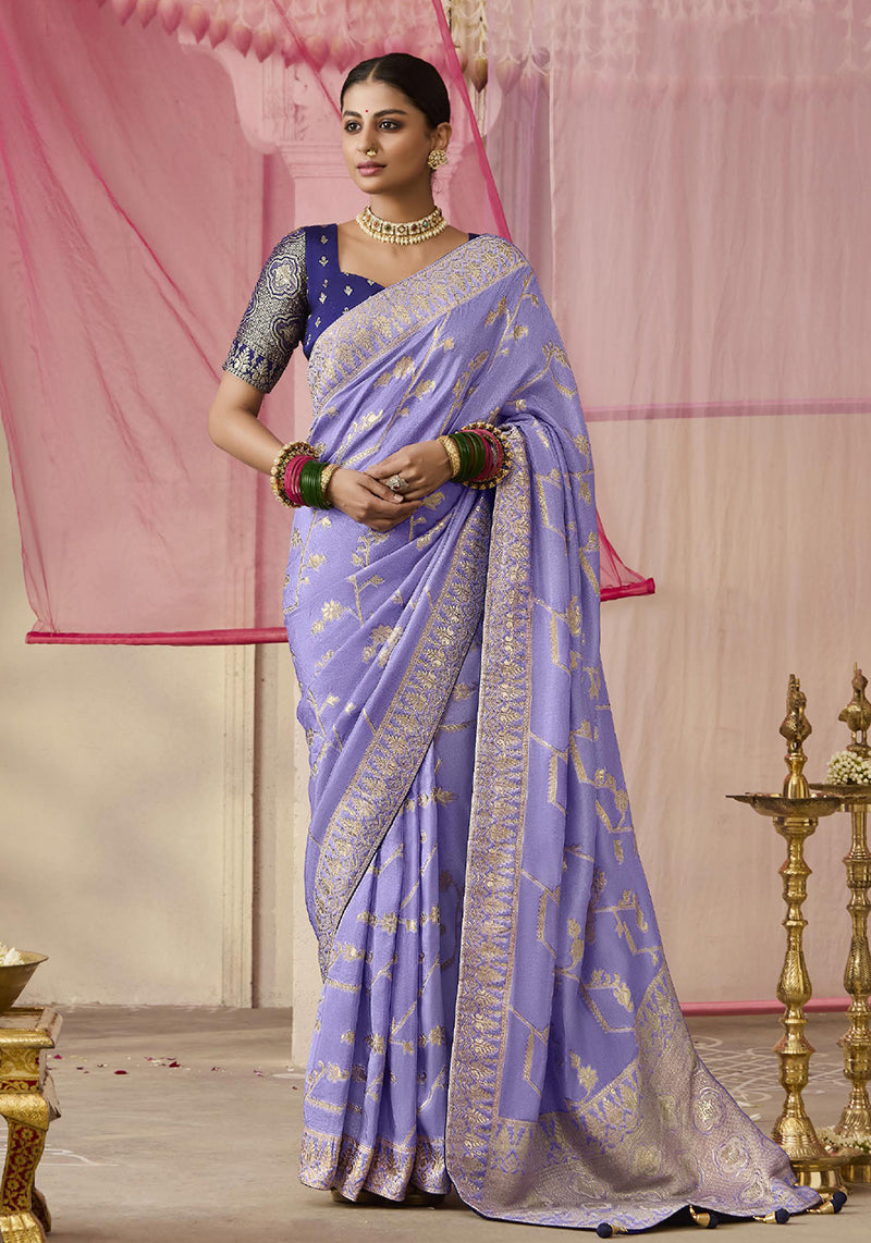 Monjolika Fashion Viscose Weaving Floral Printed Lavender Traditional Saree
