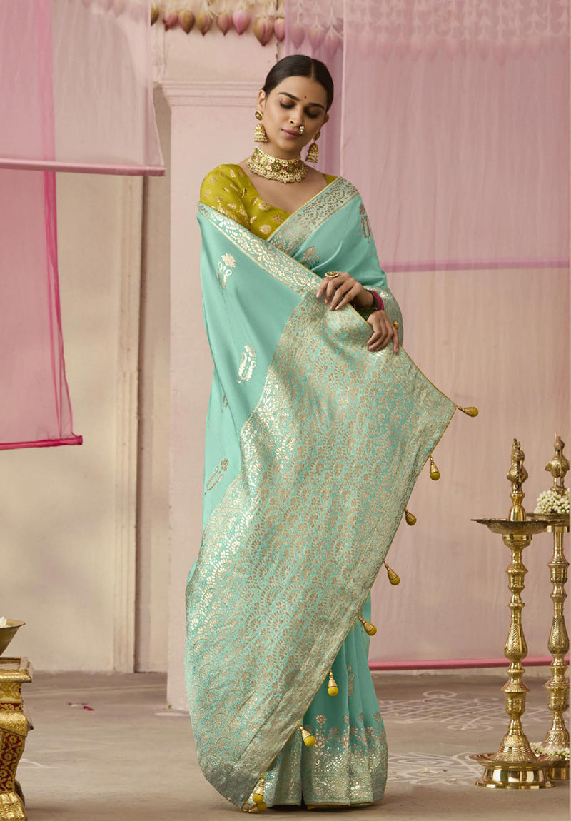 Aqua Blue Floral Printed Viscose Classic Saree