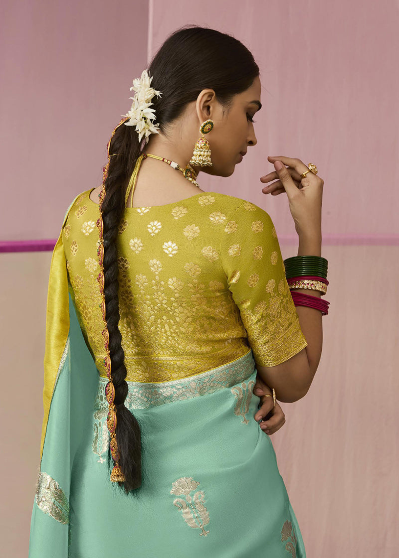 Aqua Blue Floral Printed Viscose Classic Saree