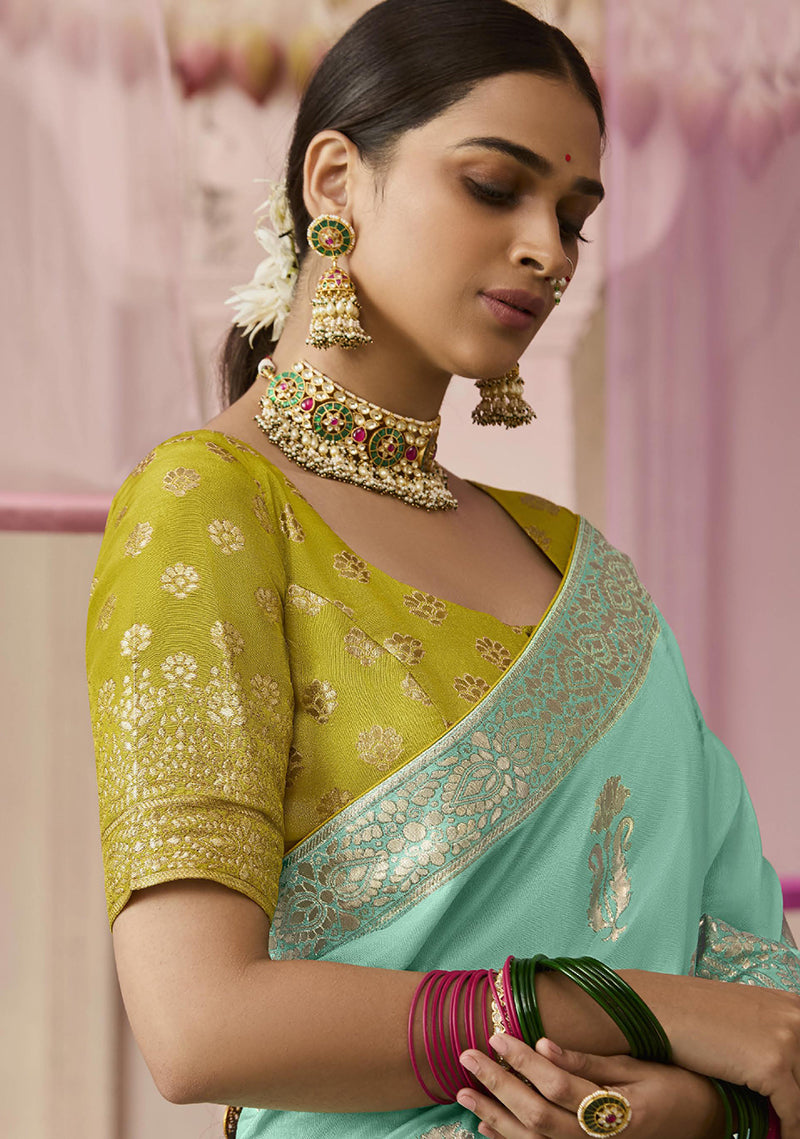 Aqua Blue Floral Printed Viscose Classic Saree