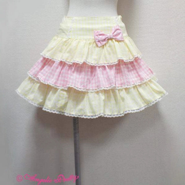 Yellow Pink Gingham Tiered Ruffle Mini Skirt with Bow - Image 3