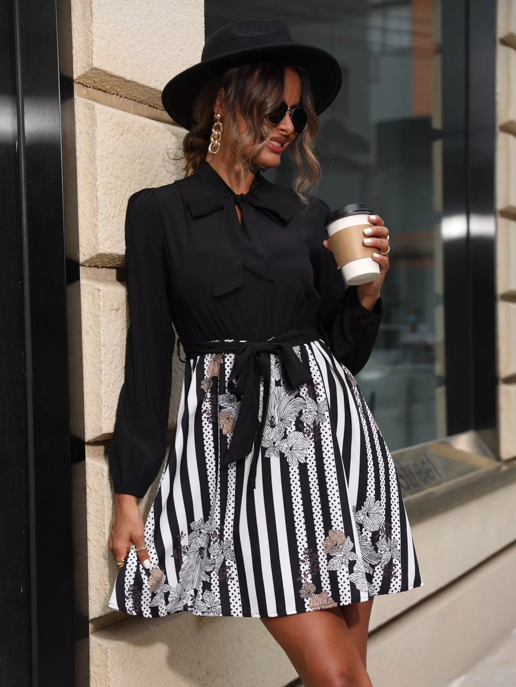 Striped Tie Front Long Sleeve Mini Dress