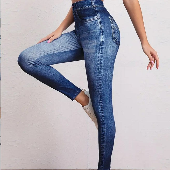 Women's High-Waisted Denim-Print Yoga Leggings Butt-Lifting Sporty