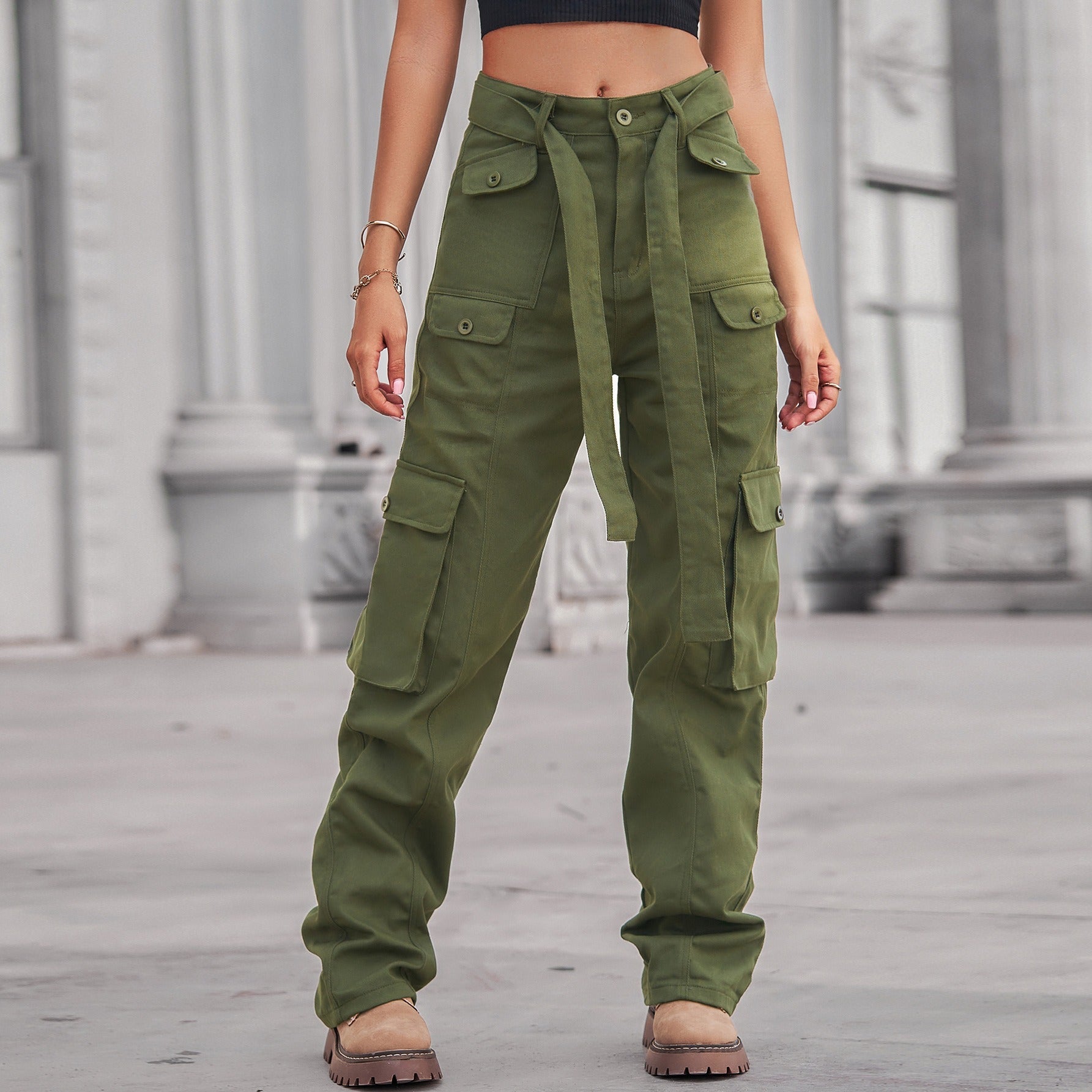 Washed Denim Multi-Pocket Cargo Pants with Tie Waist - Image 4
