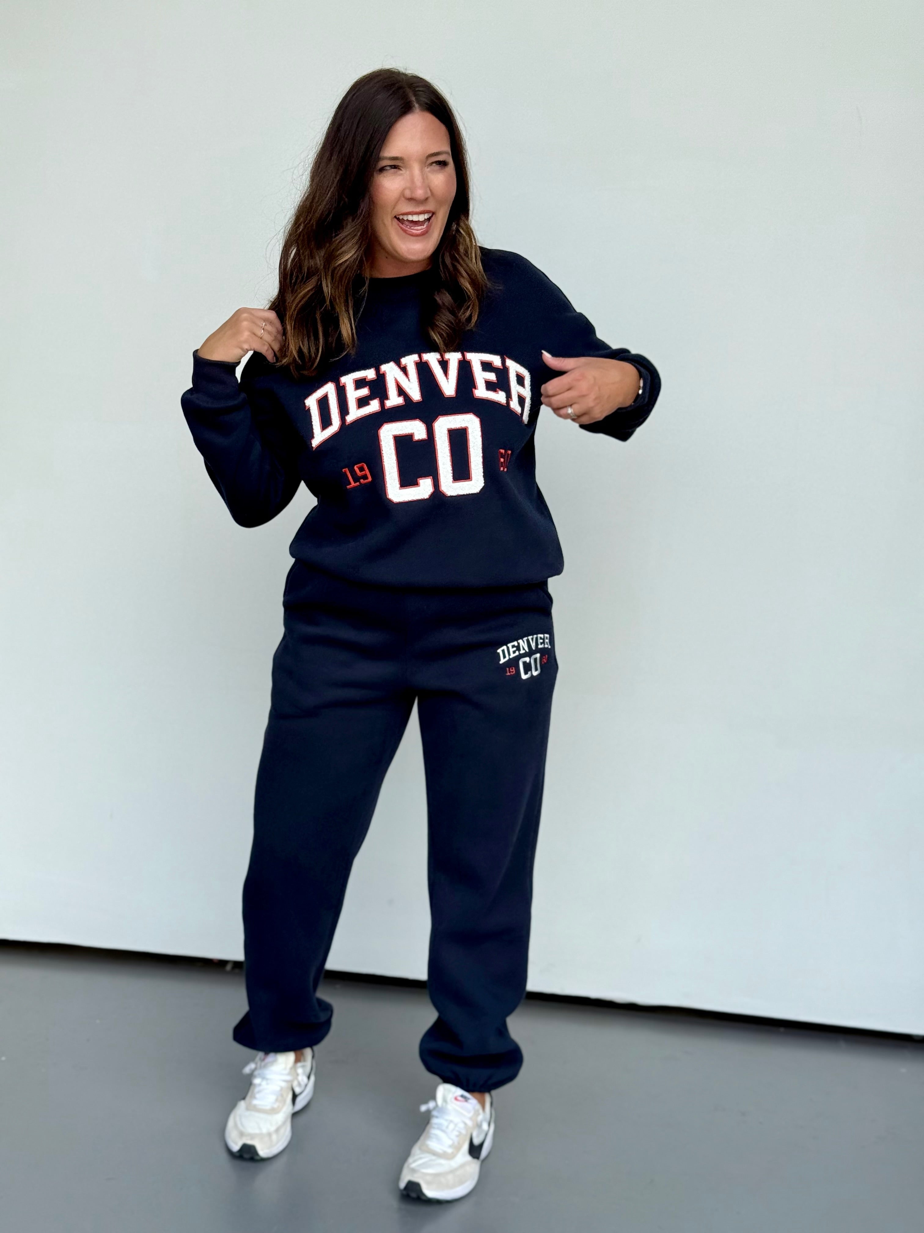 Denver Chenille Lettering Sweatshirt - Navy White Red Crewneck