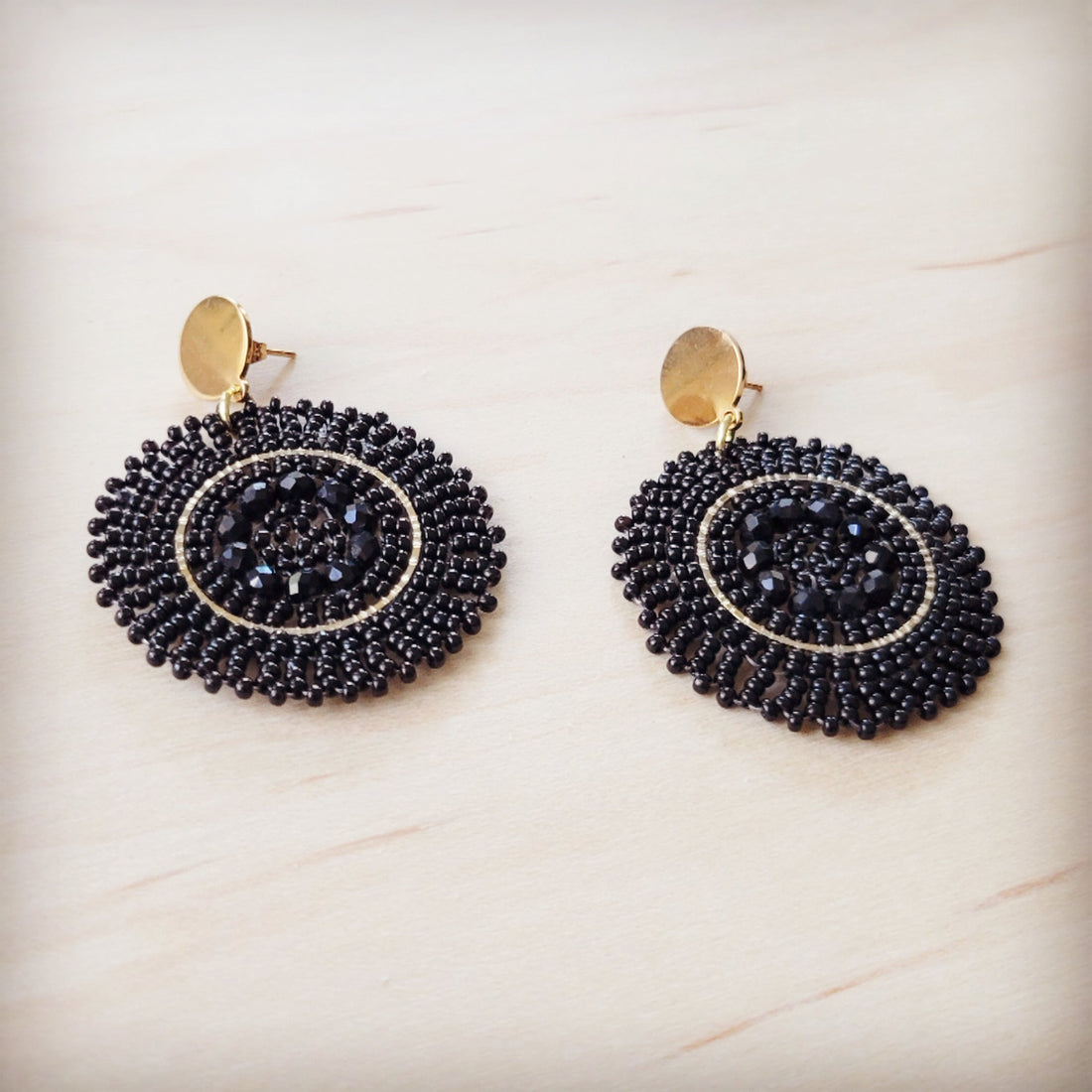 Gold and Ebony Beaded Medallion Dangle Earrings - Image 2
