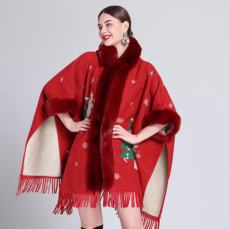 Women's Knitted Hooded Poncho with Fur Trim & Tassels for Winter