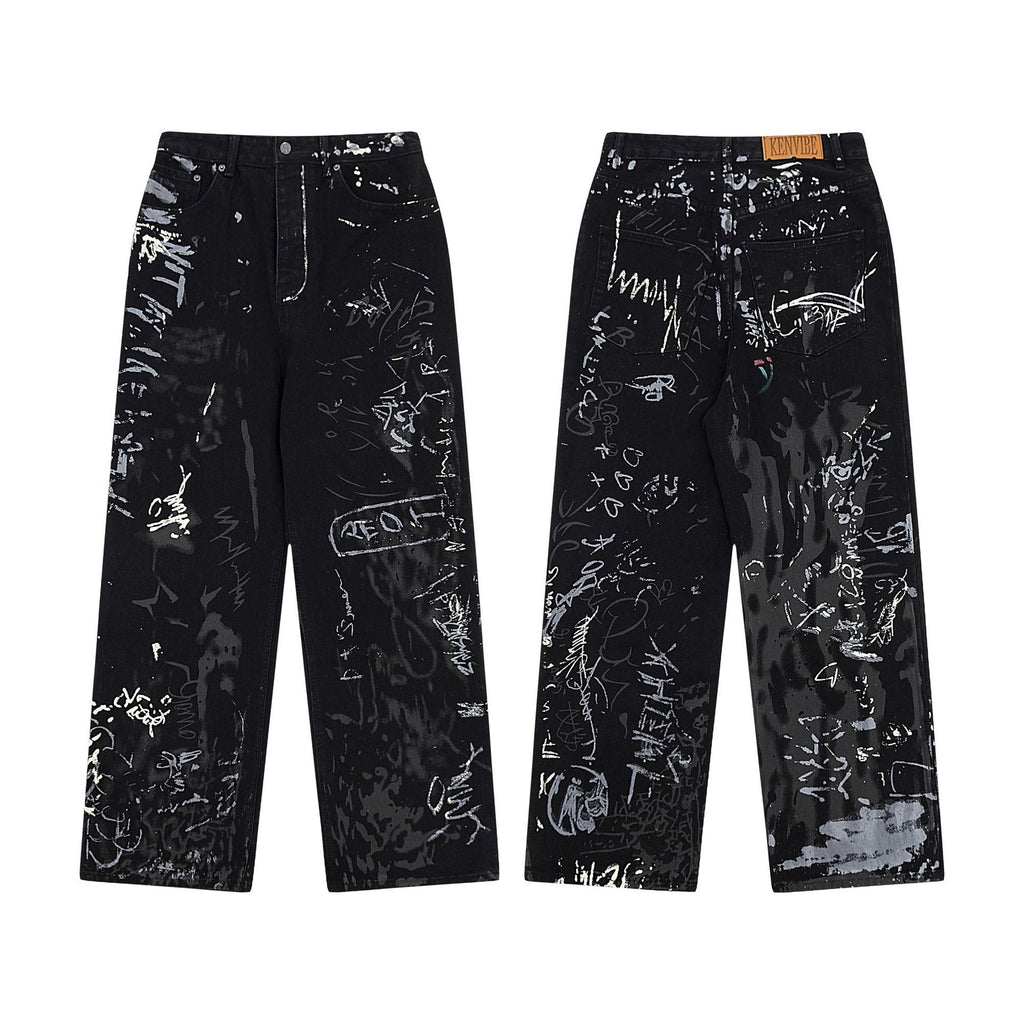 Women's Black Graffiti Print High-Waisted Wide Leg Denim Jeans - Image 3