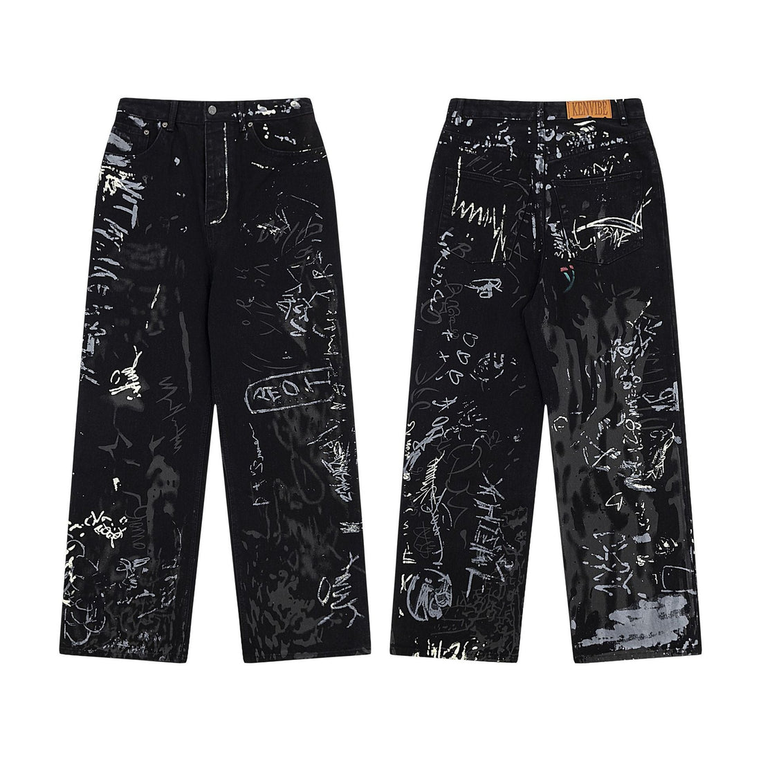 Women's Black Graffiti Print High-Waisted Wide Leg Denim Jeans - Image 3