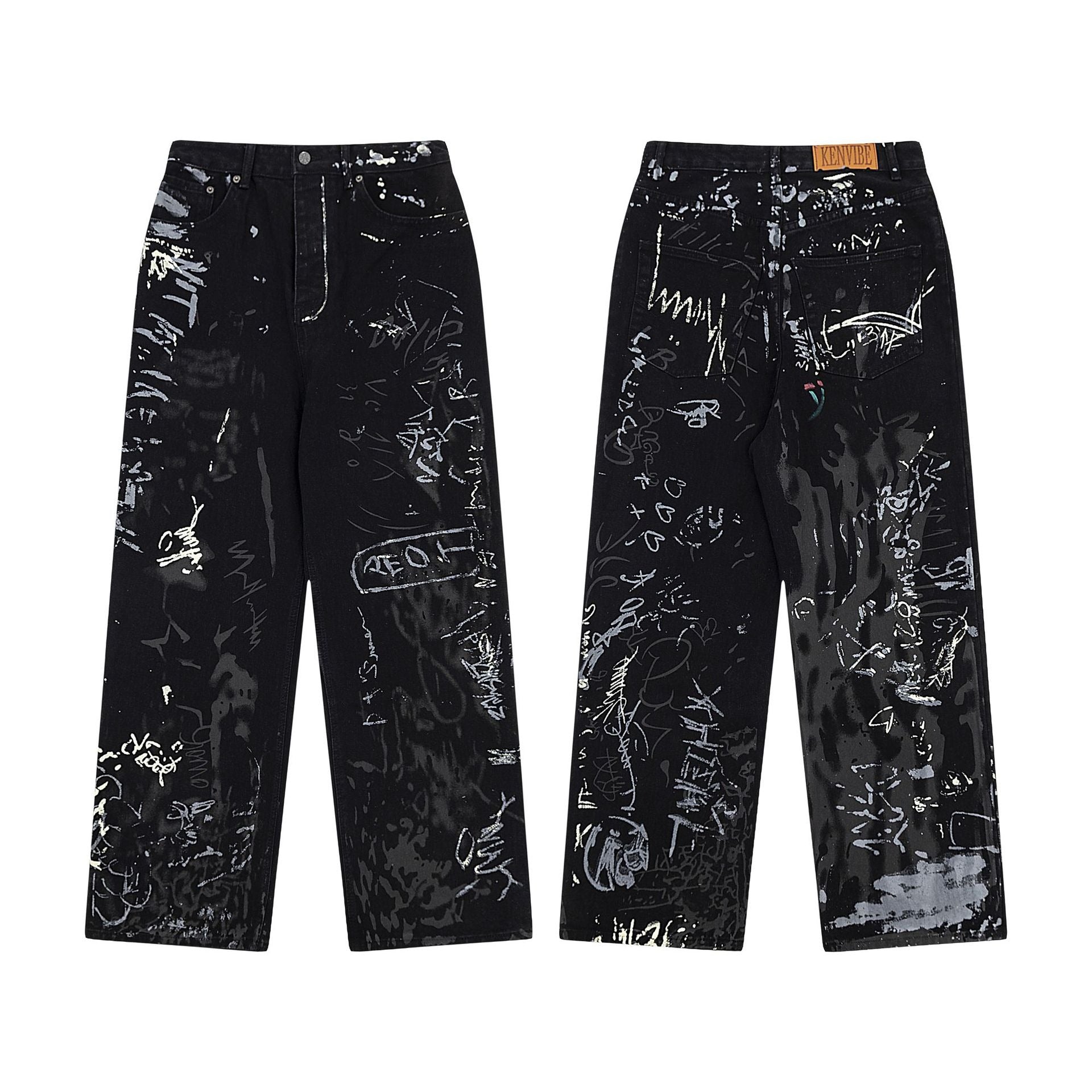 Women's Black Graffiti Print High-Waisted Wide Leg Denim Jeans - Image 3