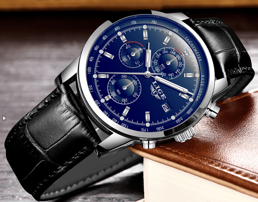 Waterproof Men's Quartz Watch with Chronometers and Brown Strap