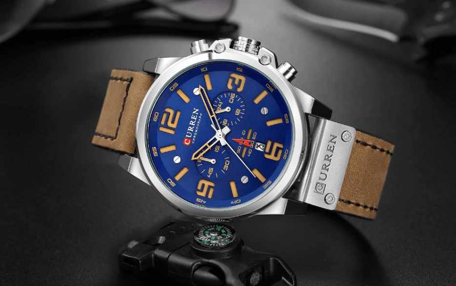 Retro Waterproof Chronograph Watch with Leather Strap & Steel Case
