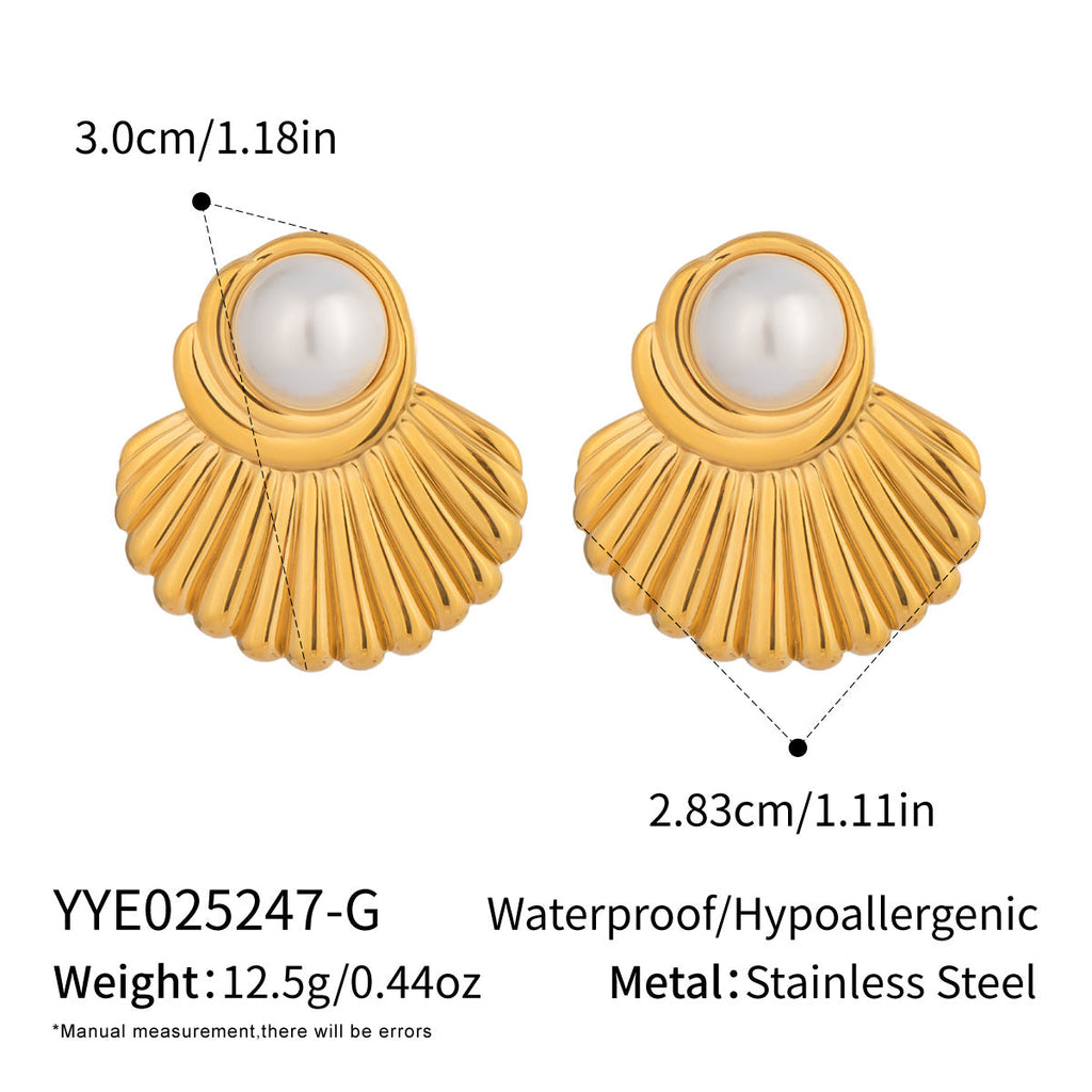 Fan-shaped Striped Stud Earrings For Women With Faux Pearl Inlay And Made Of Stainless Steel