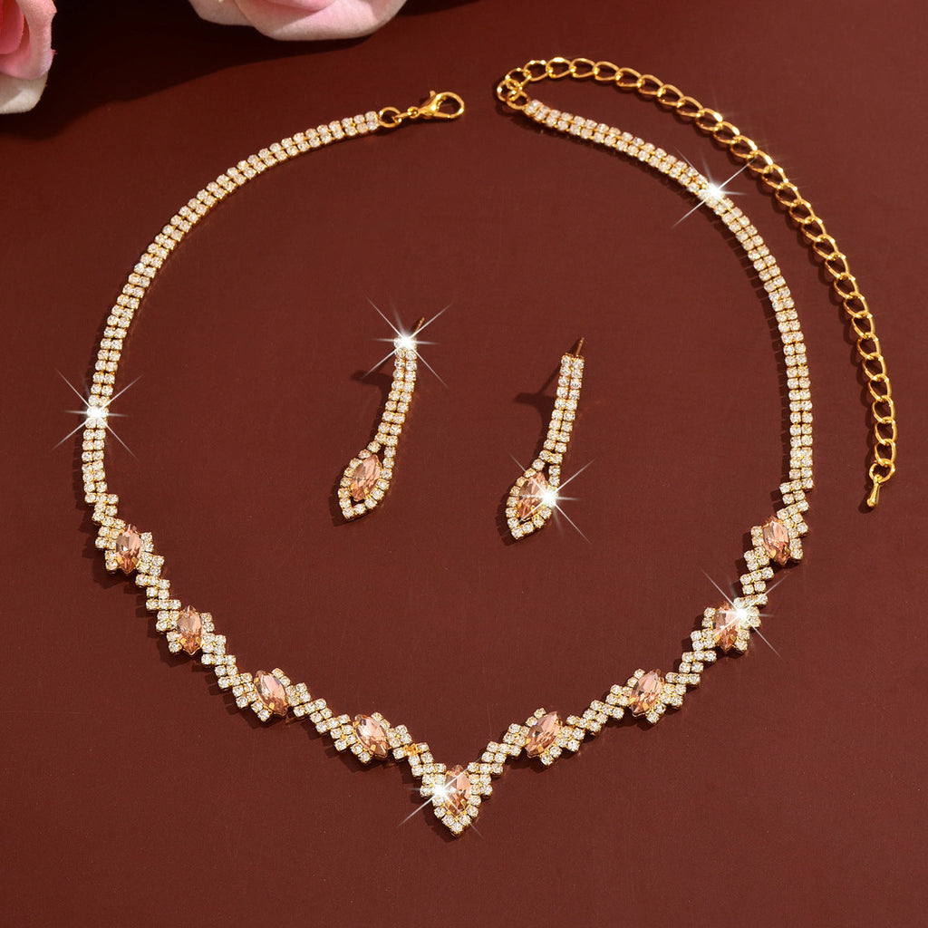 European And American Cross-Border New Style Full Diamond Water Drop V-Shaped Bridal Wedding Necklace And Earrings Fashion Exquisite Eco-Friendly Jewelry Set
