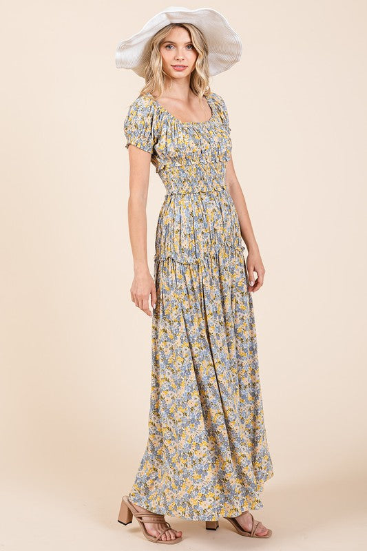 Floral Print Puff Sleeve Gathered Maxi Dress