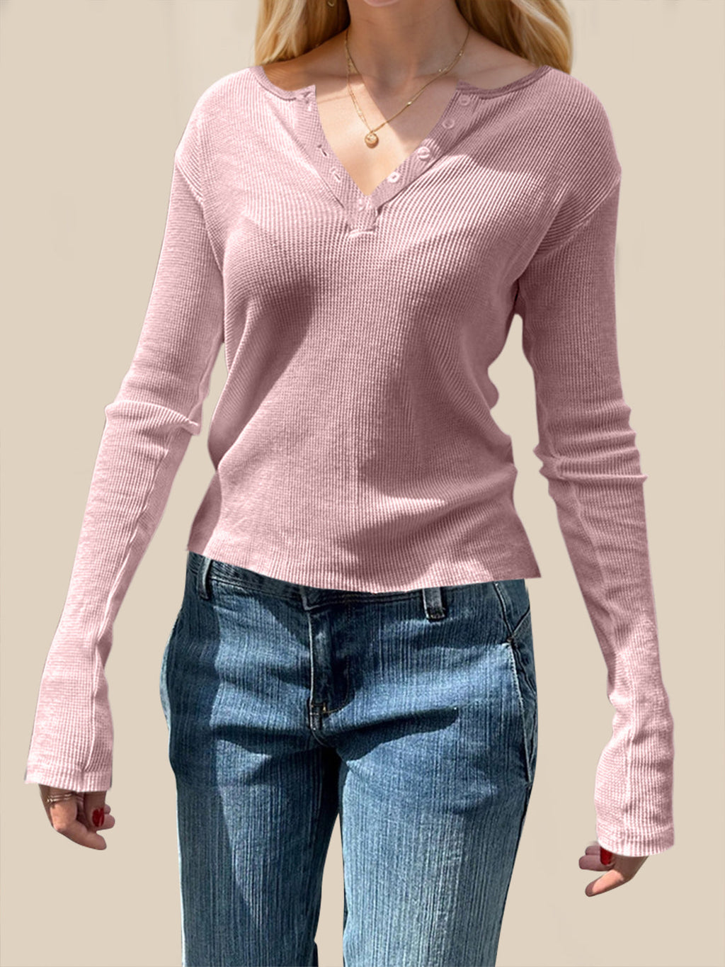 White Waffle Knit Long Sleeve Button Up Henley T-Shirt - Image 8