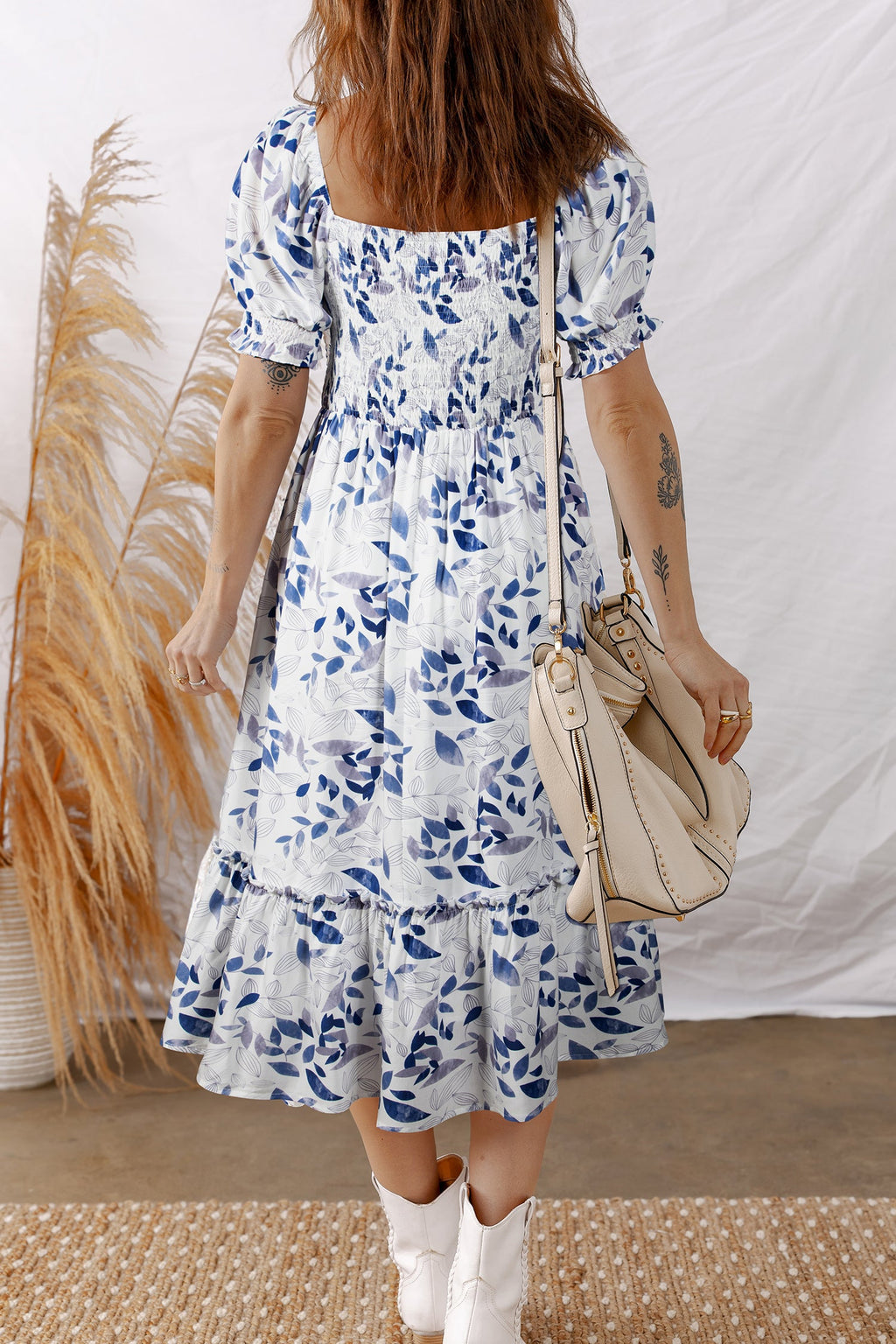 Sky Blue Smocked Bodice Puff Sleeve Floral Midi Dress