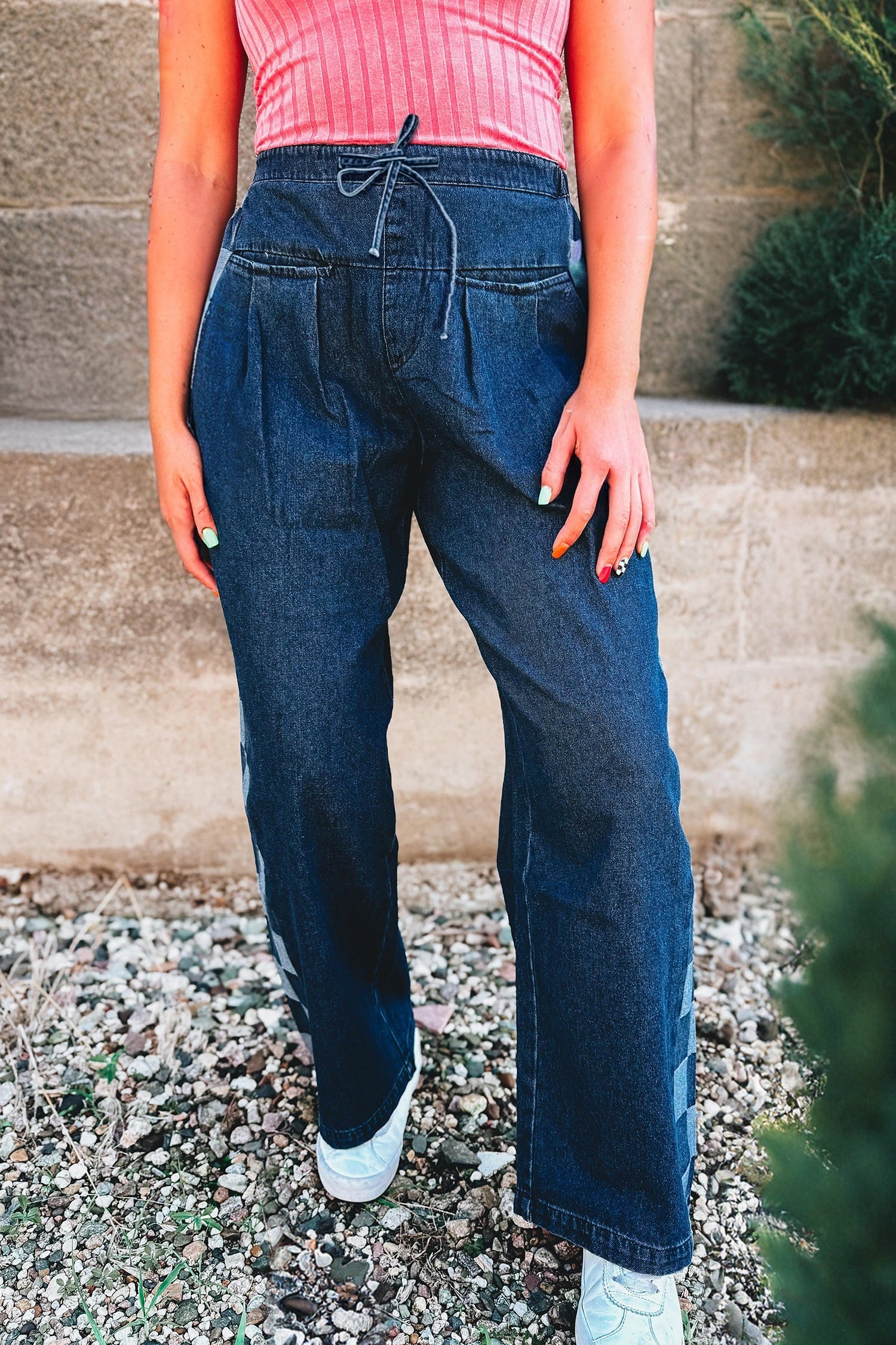 Sail Blue Checkered Patchwork Drawstring Loose Denim Pants