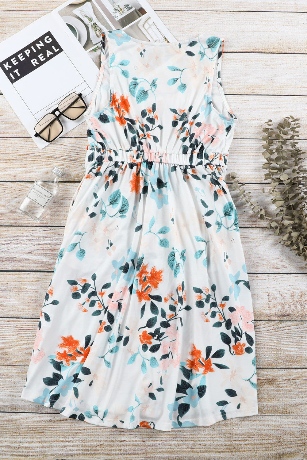 Floral Sleeveless Button Up Waist Mini Dress