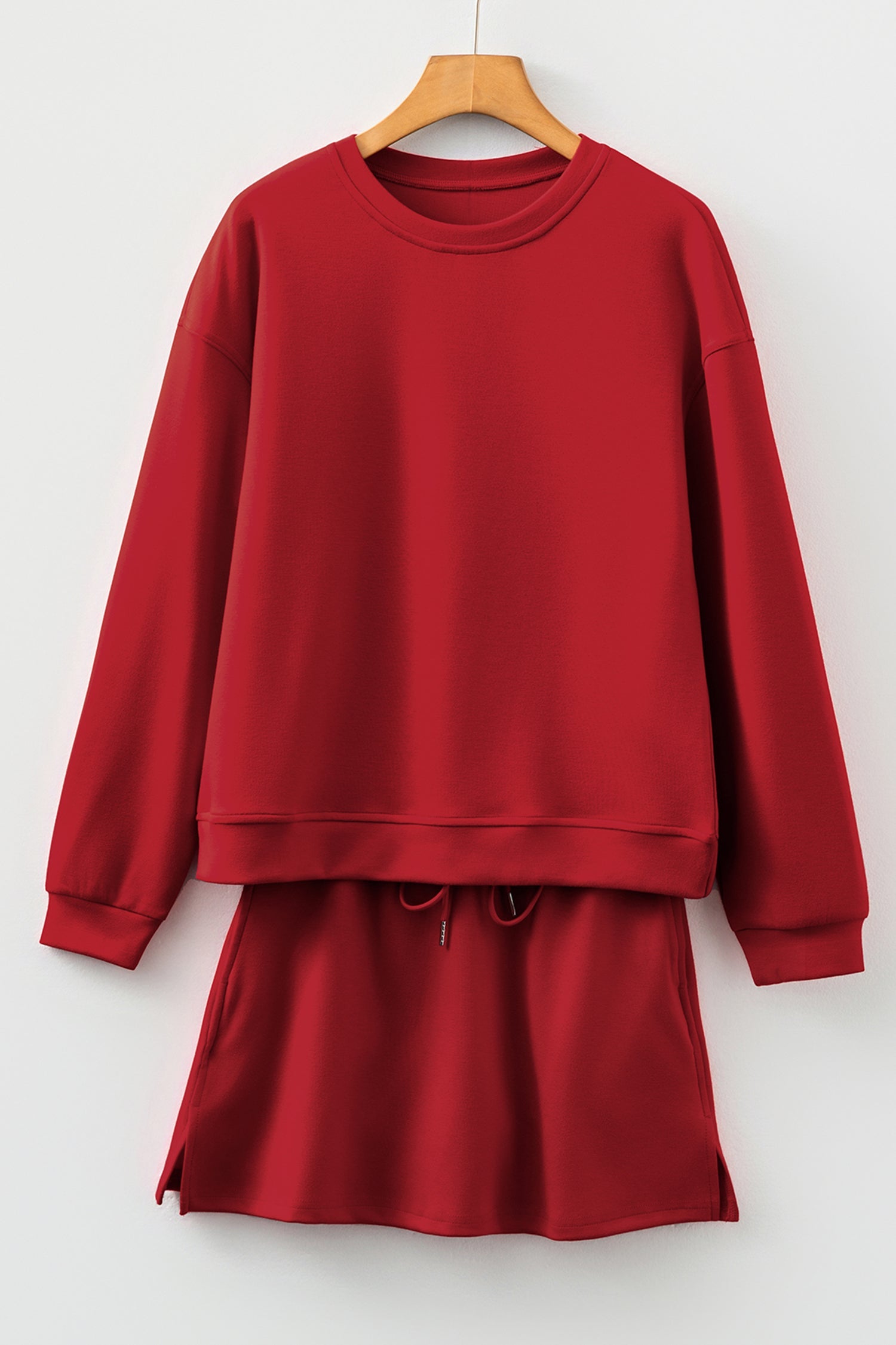 Women's Solid Drop Shoulder Pullover and Mini Skirt Knit Set