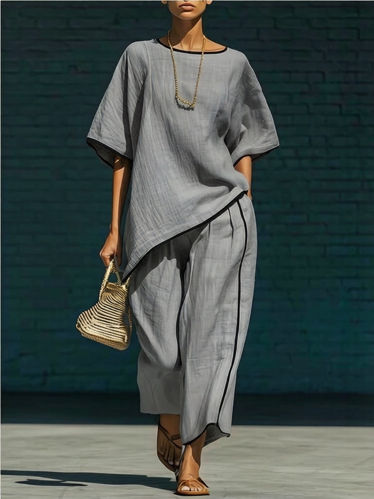 Women's Loose Linen-Blend Short Sleeve Top and Pant Set - Image 6