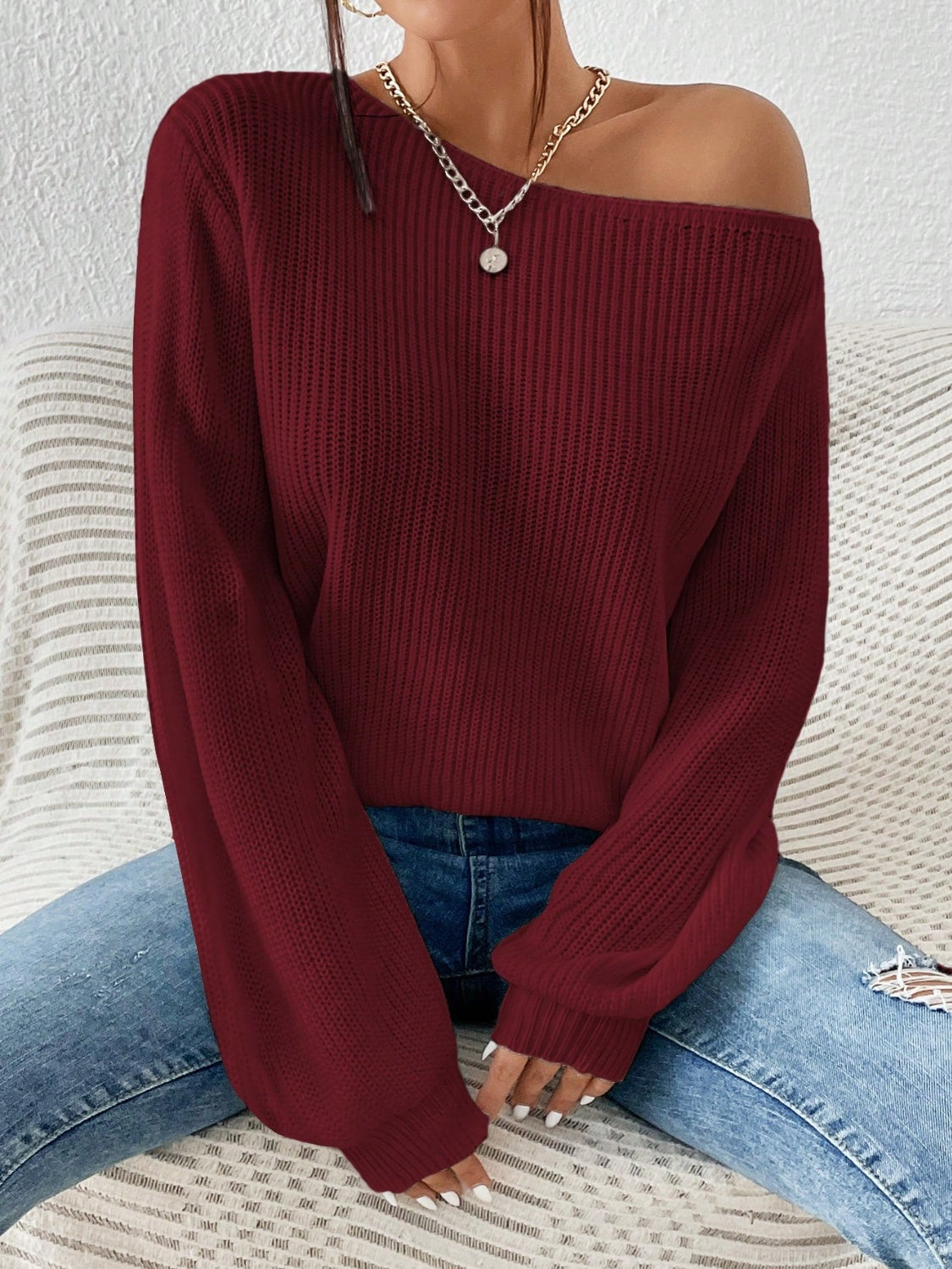 Women's White Off-the-Shoulder Long Sleeve Ribbed Knit Sweater - Image 17