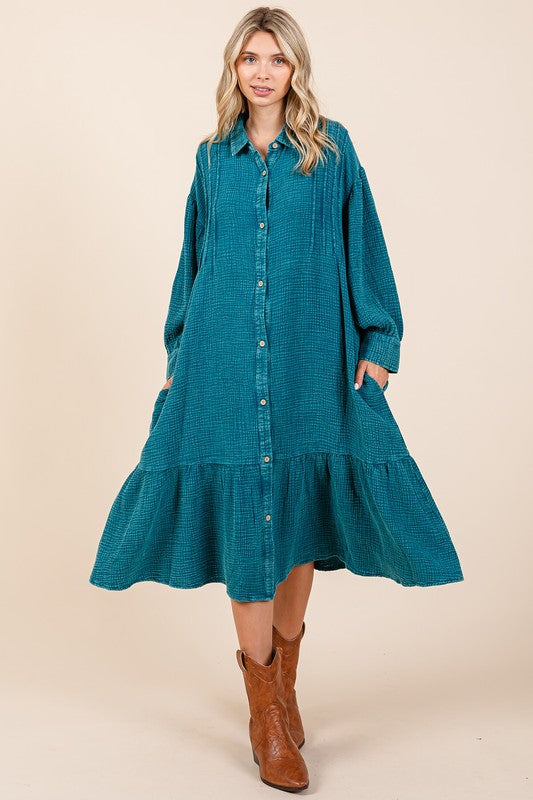 Cotton Gauze Ruffle Midi Shirt Dress in Teal