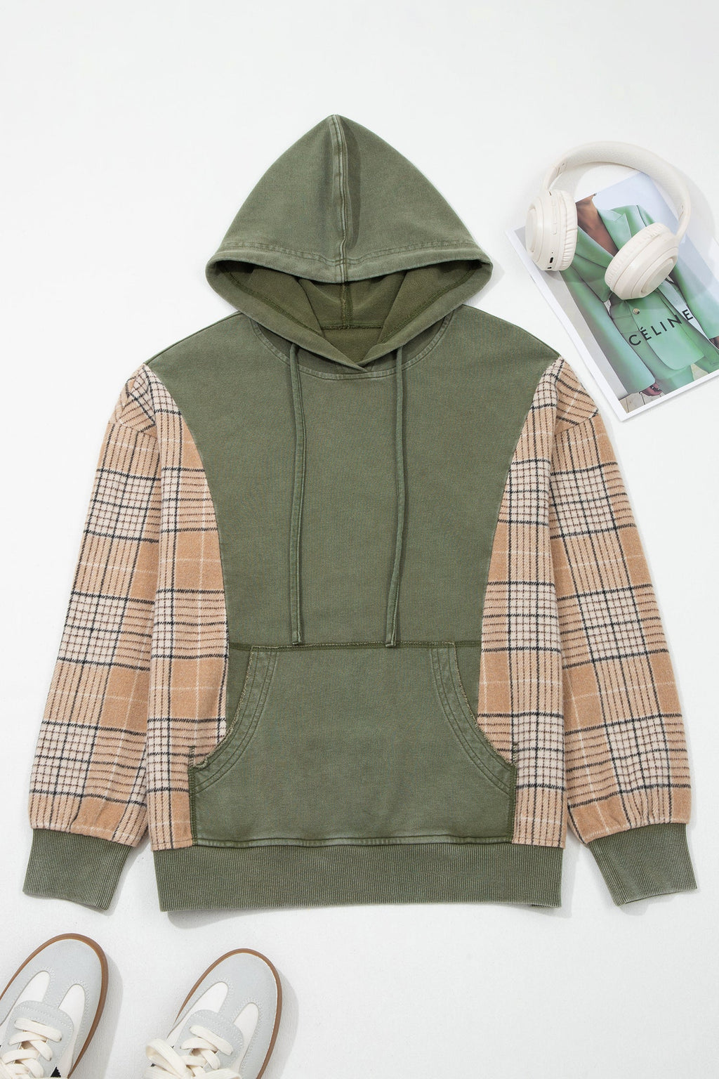 Plaid Patchwork Pocketed Drawstring Hoodie