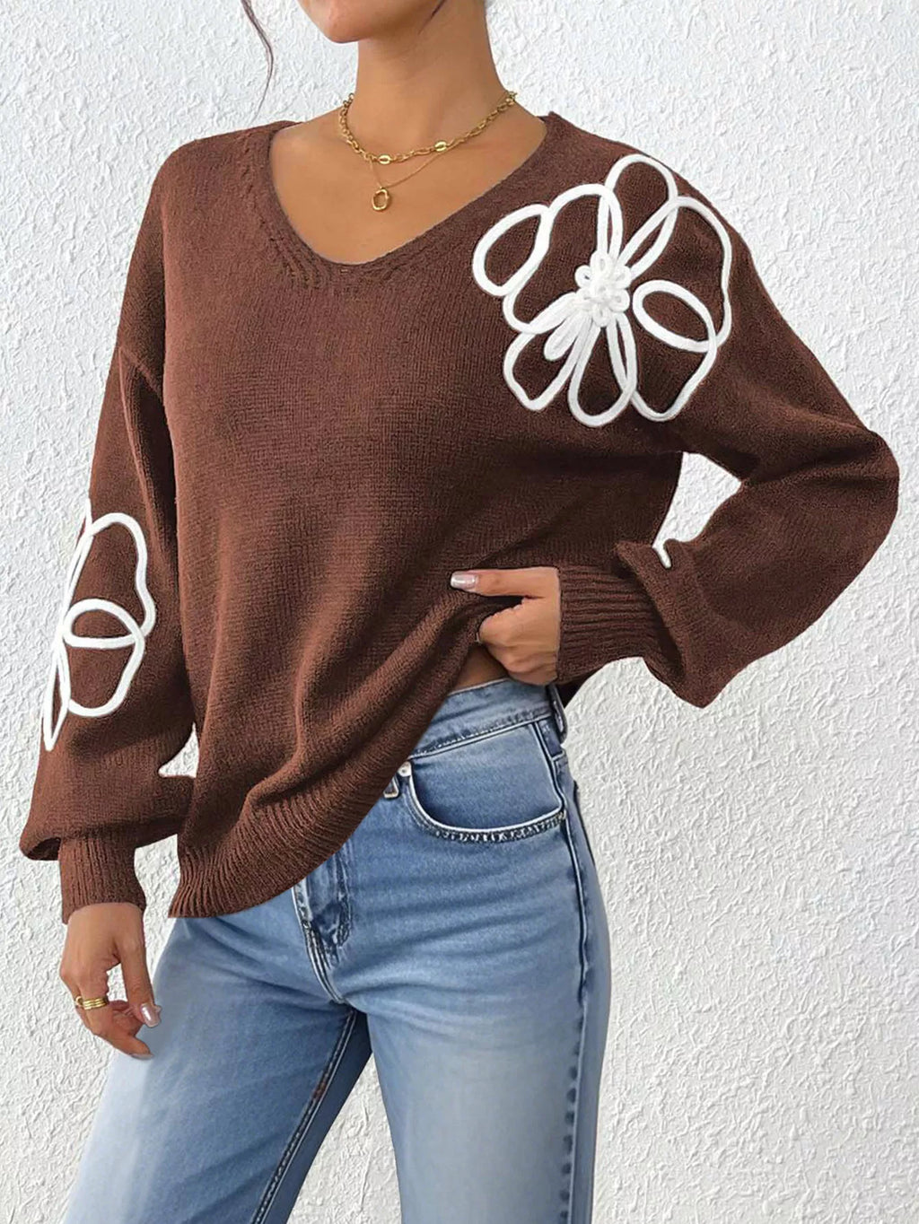 Flower V-Neck Long Sleeve Sweater