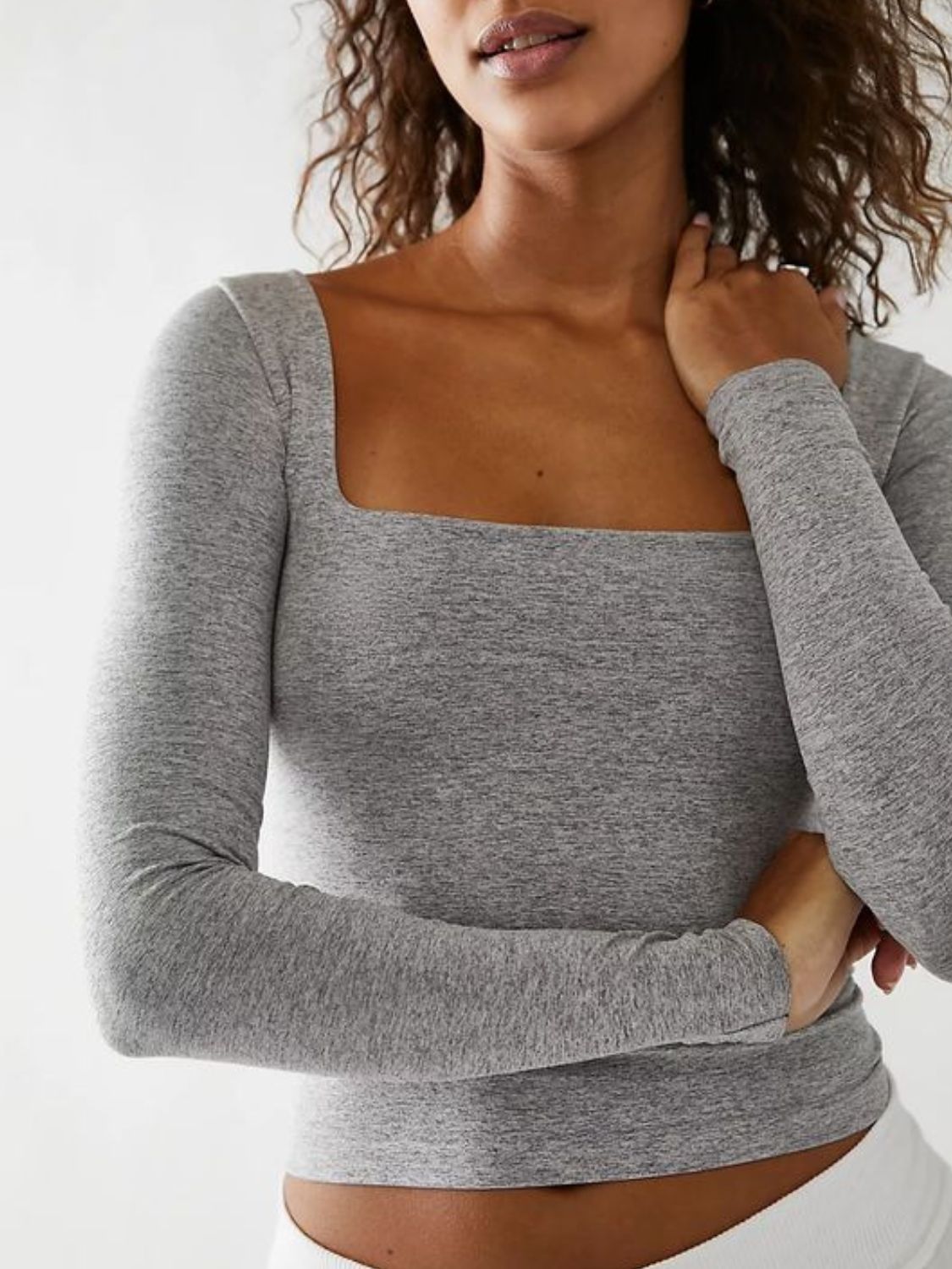Square Neck Long Sleeve T-Shirt | Grey Fitted Knit Top