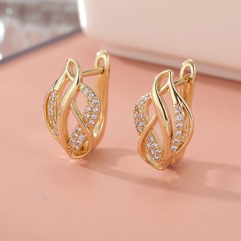 Elegant Crystal Twist Hoop Earrings Gold Tone Brass Women Wedding Party Fashion Jewelry Sparkling Daily