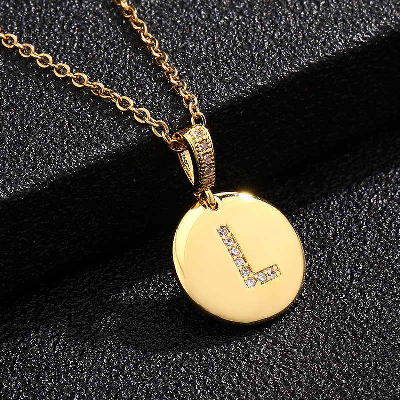 Gold Plated Zircon Initial Disc Necklace Personalized Pendant