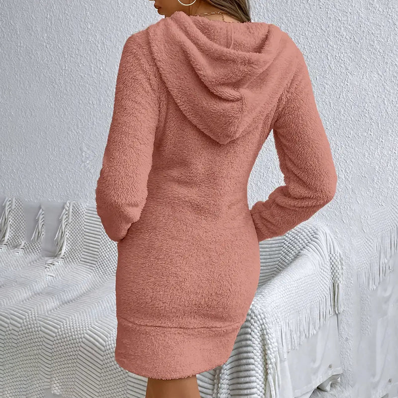 Cozy Plush Fuzzy Hoodie Dress with Kangaroo Pocket