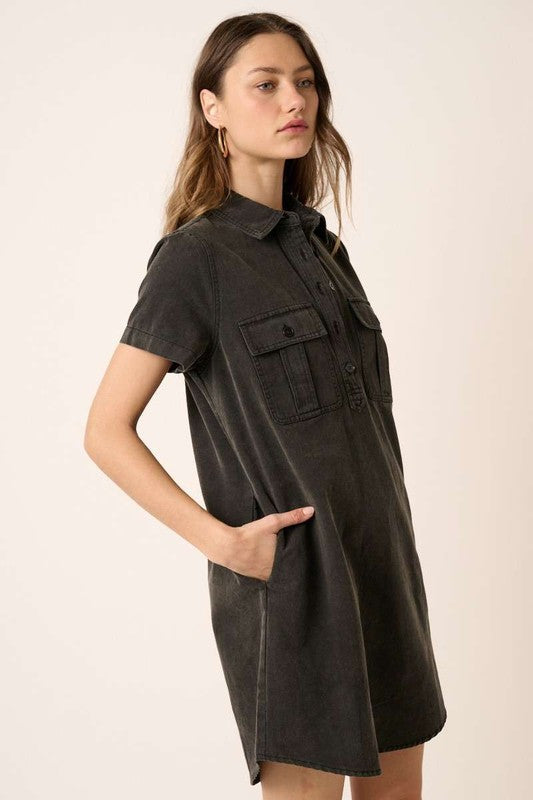 Washed Black Collared Short Sleeve Denim Shirt Dress