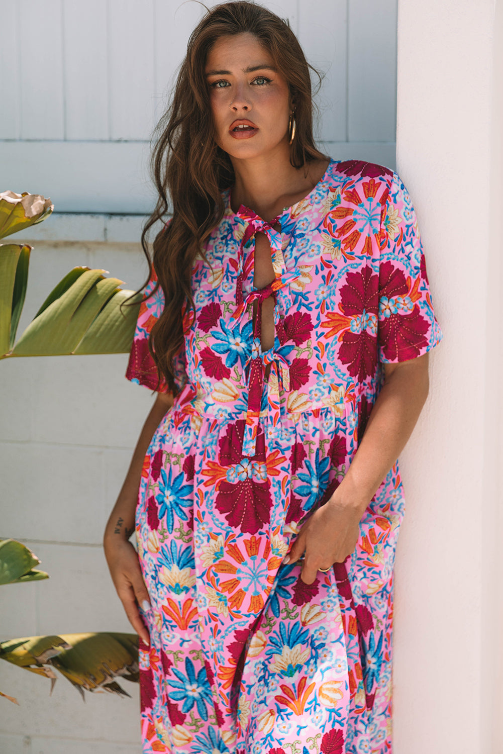 Women's Floral Tie-Front Midi Dress