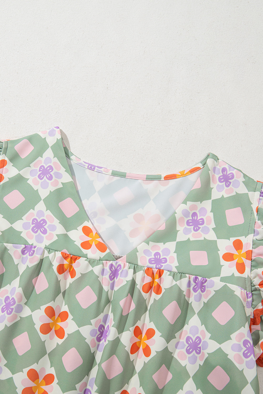 Geometric Floral V-Neck Layered Flutter Sleeve Blouse