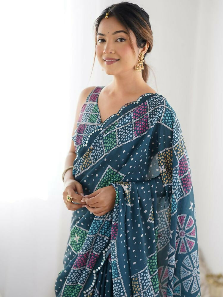 Teal Georgette Digital Print Mirror Work Saree