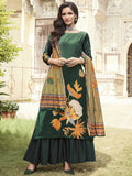 Green velvet A-line kurta featuring floral digital prints, paired with matching pashmina palazzo pants.