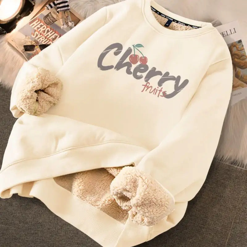 Women's Cream Fleece Lined Graphic Sweater with Cute Bear Print - Image 3